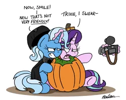 Size: 3032x2396 | Tagged: safe, artist:bobthedalek, derpibooru import, starlight glimmer, trixie, pony, unicorn, camera, clothes, costume, grin, hat, image, inconvenient trixie, magic, png, pumpkin, pumpkin costume, pumpky wumpkin, smiling, starlight is not amused, telekinesis, this will end in pain, unamused, witch costume, witch hat