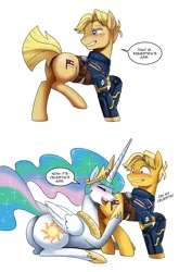 Size: 2000x3036 | Tagged: suggestive, artist:johnjoseco, derpibooru import, princess celestia, oc, alicorn, earth pony, pony, princess molestia, 2 panel comic, ass worship, avengers: endgame, bad touch, butt, butthug, captain america, captain equestria, comic, cutie mark, dialogue, high res, hug, image, marvel, marvel comics, personal space invasion, plot, png, speech bubble, spoilers for another series, steve rogers, superhero
