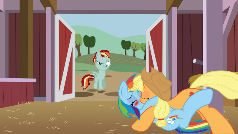 Size: 1184x664 | Tagged: safe, artist:swiftgaiathebrony, derpibooru import, applejack, rainbow dash, oc, earth pony, pegasus, pony, appledash, barn, blushing, female, image, kissing, lesbian, lying down, magical lesbian spawn, mare, offspring, on back, parent:applejack, parent:rainbow dash, parents:appledash, png, shipping