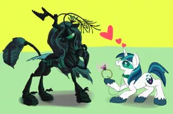 Size: 2500x1647 | Tagged: safe, artist:ja0822ck, derpibooru import, queen chrysalis, shining armor, changeling, changeling queen, pony, unicorn, a canterlot wedding, abdomen, antennae, claws, collar, compound eyes, exoskeleton, female, floating heart, heart, image, insectoid, jewelry, leash, love, mandibles, marriage proposal, mind control, png, ring, wedding ring