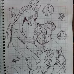 Size: 1080x1080 | Tagged: safe, artist:beyond_inside, derpibooru import, discord, fluttershy, draconequus, pegasus, pony, alternate hairstyle, clock, crying, female, graph paper, hair bun, hourglass, image, immortality blues, inktober, inktober 2019, jpeg, lineart, male, older, older fluttershy, traditional art, wings