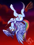 Size: 1536x2048 | Tagged: safe, artist:banoodle, derpibooru import, rainbow dash, broom, commission, flying, flying broomstick, hat, image, jpeg, upside down, watermark, witch, witch hat, ych example, your character here
