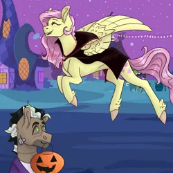 Size: 1280x1280 | Tagged: safe, artist:periwinklechick, derpibooru import, doctor caballeron, fluttershy, earth pony, pegasus, pony, vampire, caballershy, candy pail, cape, clothes, costume, female, frankenstein's monster, image, jpeg, male, mare, mouth hold, night, nightmare night, nightmare night costume, ponyville, pumpkin bucket, shipping, stallion, straight