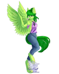 Size: 768x960 | Tagged: safe, artist:lilac blaze, derpibooru import, oc, oc:midori kuroba, anthro, pegasus, unguligrade anthro, ankh, blowing a kiss, clothes, colored, egyptian, egyptian pony, female, freckles, image, jeans, pants, png, simple background, socks, solo, striped socks, transparent background