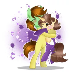 Size: 2040x2148 | Tagged: safe, artist:doraeartdreams-aspy, derpibooru import, oc, oc:aspen, oc:ryan, alicorn, earth pony, alicorn oc, bodysuit, catsuit, clothes, couple, cute, eyes closed, female, hippie, horn, hug, image, latex, latex suit, love, male, peace suit, png, rubber, rubber suit, smiling, straight, wings