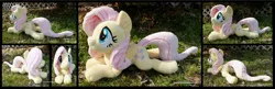 Size: 5400x1754 | Tagged: safe, artist:peruserofpieces, derpibooru import, fluttershy, pegasus, pony, beanie (plushie), female, image, jpeg, looking at you, lying down, mare, plushie, prone, smiling, smiling at you, solo, tree