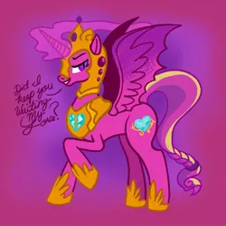 Size: 1080x1080 | Tagged: safe, artist:mediocremare, derpibooru import, princess cadance, alicorn, pony, abstract background, female, glowing horn, helmet, hoof shoes, horn, image, jpeg, mare, nightmare cadance, nightmarified, raised hoof, smiling, smirk, solo