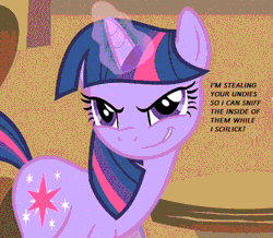 Size: 592x516 | Tagged: suggestive, derpibooru import, edit, edited screencap, screencap, twilight sparkle, pony, unicorn, a bird in the hoof, >:), caption, cropped, dithering, evil grin, female, gif, glowing horn, grin, horn, image, image macro, magic, mare, needs more jpeg, ominous, pure unfiltered evil, rapeface, smiling, smirk, solo, text, unicorn twilight