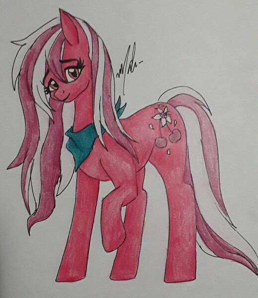 Size: 720x832 | Tagged: safe, artist:misathefenec0422, derpibooru import, oc, oc:cherry blossom, earth pony, pony, image, jpeg, neckerchief, offspring, parent:big macintosh, parent:cheerilee, parents:cheerimac, solo, traditional art