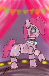 Size: 1200x1848 | Tagged: safe, artist:shappy the lamia, derpibooru import, pinkie pie, earth pony, pony, robot, robot pony, five nights at aj's, animatronic, balloon, blue eyes, cutie mark, decoration, eyebrows, five nights at freddy's, five nights at freddy's 2, five nights at freddy's 3, five nights at freddy's 4, five nights at pinkie's, fnaf 2, fnaf 3, fnaf 4, fnap, halloween, happy, heart, holiday, hooves, image, light, nightmare night, party, party decorations, pink, pink mane, pink tail, png, present, robot eye, roboticization, scared, sister location, smiling, solo, stage
