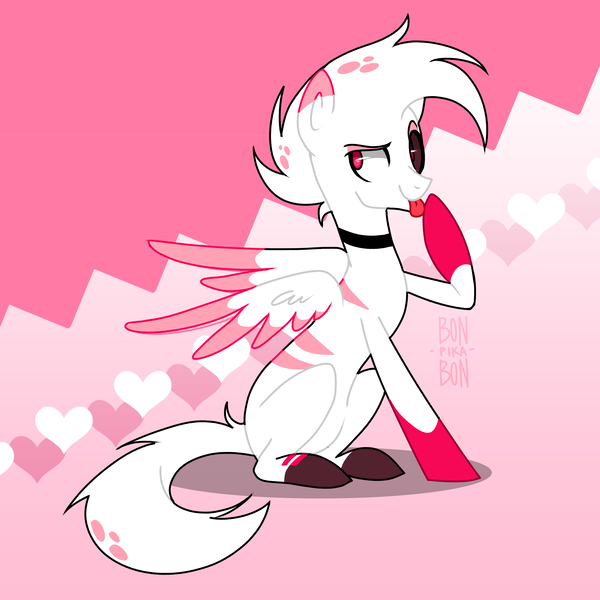 Size: 4000x4000 | Tagged: safe, artist:bonpikabon, derpibooru import, ponified, demon, pegasus, pony, :p, angel dust, choker, crossover, hazbin hotel, image, male, one eye closed, png, raised hoof, sitting, solo, stallion, tongue out, wink