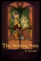 Size: 3600x5400 | Tagged: safe, artist:pasu-chan, derpibooru import, sunset shimmer, oc, oc:brass badge, oc:golden lace, pony, unicorn, fanfic, fanfic:the setting sun, series:who we become, chair, clothes, fanfic art, fanfic cover, female, filly, filly sunset shimmer, image, male, mare, oc x oc, painting, png, shadow, shipping, sitting, stallion, straight, sunset shimmer's parents, younger