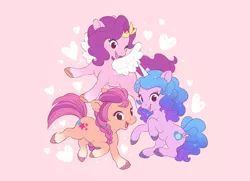 Size: 1108x800 | Tagged: safe, artist:celesse, derpibooru import, izzy moonbow, pipp petals, sunny starscout, earth pony, pegasus, pony, unicorn, cute, female, g5, heart, image, jpeg, mare, one eye closed, open mouth, pink background, simple background, trio, wink