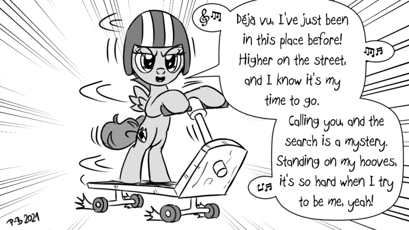 Size: 1200x675 | Tagged: safe, artist:pony-berserker, derpibooru import, scootaloo, pegasus, pony, dave rogers, deja vu, drift, drifting, helmet, image, lyrics, monochrome, music notes, png, pony-berserker's twitter sketches, scooter, song, song reference, stippling, text