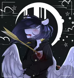 Size: 1280x1339 | Tagged: semi-grimdark, artist:zloitoaster, derpibooru import, oc, unofficial characters only, pegasus, pony, arrow, blood, clothes, crescent moon, eyes closed, image, impalement, jpeg, moon, open mouth, pegasus oc, solo, wings