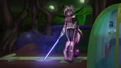 Size: 4000x2250 | Tagged: safe, artist:pentoolqueen, derpibooru import, oc, oc:lovelight, pony, unicorn, armor, belt, blaster, boots, bracelet, clothes, cockpit, crossover, cuffs, evil eyes, eyes in the dark, female, females only, fluffy hand cuffs, forest, forest background, grey fur, gun, hand on hip, image, jacket, jewelry, jpeg, lightsaber, looking at you, medal, midriff, moon, night, ominous, pants, picture in picture, pink hair, pose, purple eyes, purple hair, shoes, smiling, spaceship, sports bra, standing, star wars, swamp, sword, tanktop, temple, tree, vehicle, vine, weapon
