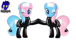 Size: 7680x4154 | Tagged: safe, artist:damlanil, derpibooru import, aloe, lotus blossom, earth pony, pony, catsuit, clothes, duo, duo female, eyes closed, eyeshadow, female, hoofbump, image, latex, latex suit, makeup, mare, one eye closed, png, rubber, shiny, shiny mane, show accurate, siblings, simple background, sisters, spa pony, spa twins, suit, transparent background, vector, wink