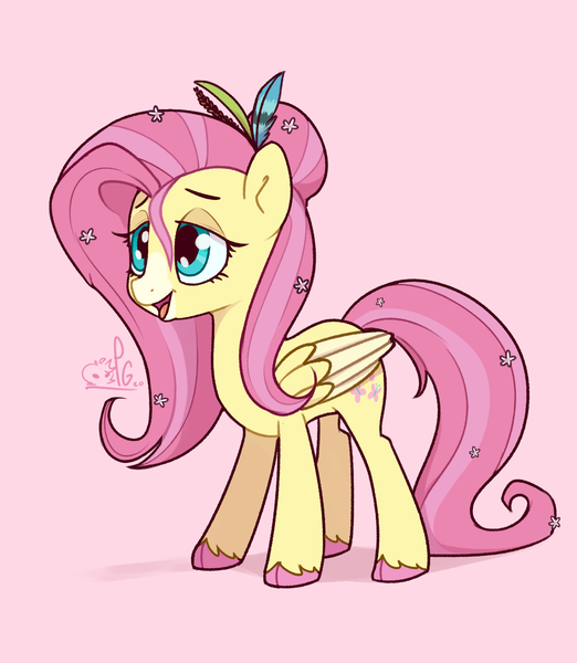 Size: 2000x2300 | Tagged: safe, artist:lilpinkghost, derpibooru import, fluttershy, pegasus, pony, alternate hairstyle, cloven hooves, colored hooves, cute, design, female, flower, flower in hair, folded wings, hair accessory, hair bun, image, lidded eyes, mare, open mouth, pink background, png, shyabetes, simple background, smiling, snip (coat marking), solo, standing, stray strand, three quarter view, two toned wings, unshorn fetlocks, wings