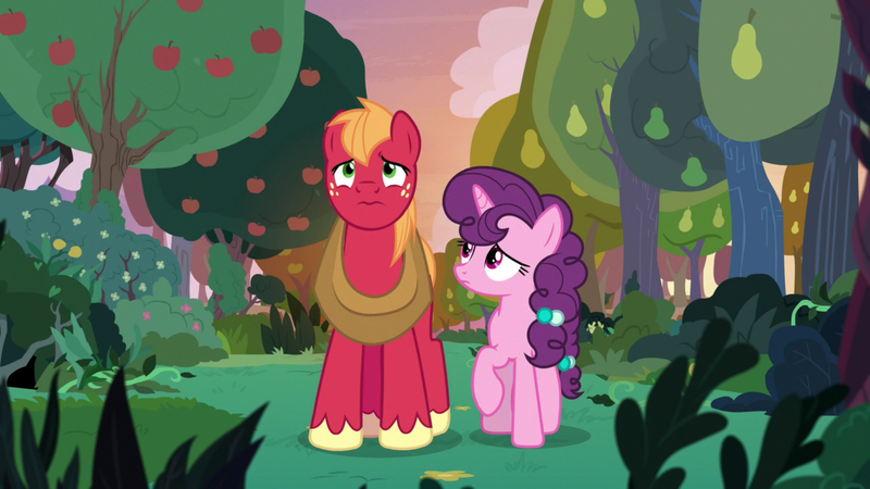 Size: 1920x1080 | Tagged: safe, derpibooru import, screencap, big macintosh, sugar belle, the big mac question, apple, apple tree, food, image, pear tree, png, tree