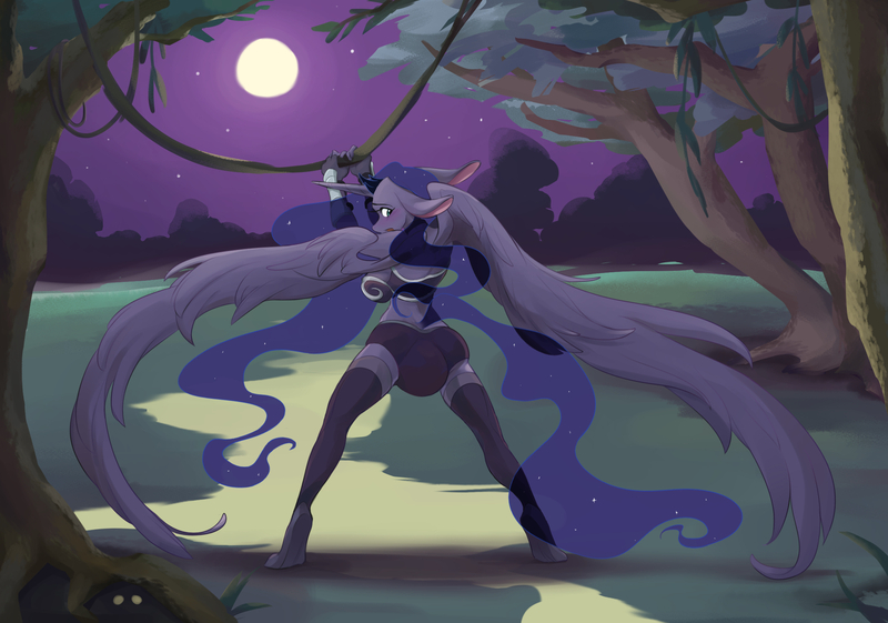 Size: 2223x1560 | Tagged: questionable, artist:mae, derpibooru import, princess luna, alicorn, anthro, accident, armor, ass, bra, breasts, busty princess luna, butt, clothes, crotch bulge, embarrassed, everfree forest, fetish, full moon, holding, image, jpeg, long ears, looking back, moon, panties, pantypoop, poop, pooping, scat, sky, socks, soiling, solo, spreading, spread legs, standing, thigh highs, underwear, vine