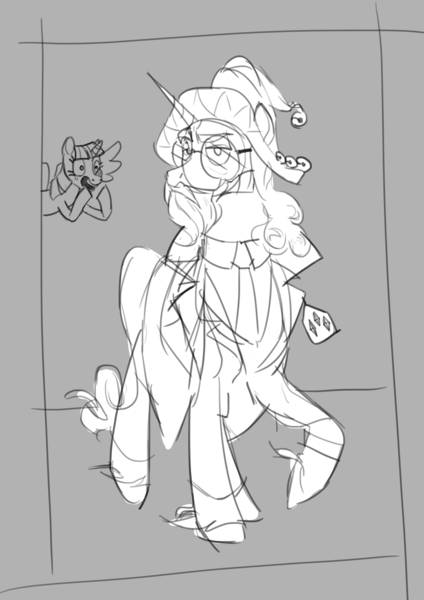 Size: 1402x1983 | Tagged: safe, artist:cadillacdynamite, derpibooru import, star swirl the bearded, twilight sparkle, pony, unicorn, alternate costumes, clothes, grayscale, image, monochrome, png, shocked, suit