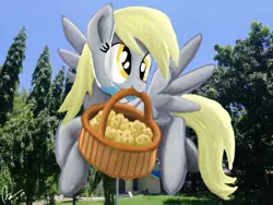 Size: 4608x3456 | Tagged: safe, artist:raphaeldavid, derpibooru import, derpy hooves, pegasus, pony, basket, cute, derpabetes, face mask, flying, food, image, irl, mask, mouth hold, muffin, photo, png, ponies in real life, smiling, solo, spread wings, wings