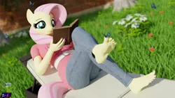 Size: 3840x2160 | Tagged: safe, artist:shadowboltsfm, derpibooru import, fluttershy, anthro, butterfly, insect, plantigrade anthro, 3d, 4k, barefoot, blender, book, crossed legs, cute, eyelashes, feet, image, nail polish, nature, not sfm, png, reading, sitting, smiling, soles, solo, toenail polish, toes, wiggling toes