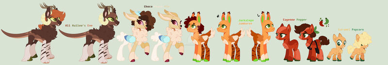 Size: 1920x323 | Tagged: safe, artist:kyper-space, derpibooru import, oc, oc:all hallow's eve, oc:caramel popcorn, oc:cayenne pepper, oc:choco peach pie, oc:jackalope jamboree, unofficial characters only, earth pony, hybrid, pony, base used, green background, image, interspecies offspring, jpeg, magical gay spawn, magical threesome spawn, offspring, parent:big macintosh, parent:cheese sandwich, parent:discord, siblings, simple background