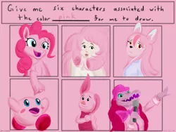 Size: 3600x2700 | Tagged: safe, artist:rockhoppr3, derpibooru import, pinkie pie, crocodile, earth pony, human, six fanarts, bna: brand new animal, crossover, image, kirby (character), multeity, nazuna hiwatashi, piglet, png, rose quartz (steven universe), steven universe, the masked singer, too much pink energy is dangerous, winnie the pooh