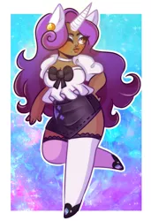 Size: 1280x1871 | Tagged: safe, artist:lonepuddingcup, derpibooru import, rarity, human, abstract background, choker, clothes, cutie mark, cutie mark on clothes, dark skin, female, horn, horned humanization, humanized, image, jpeg, looking back, makeup, one eye closed, smiling, socks, solo, stockings, thigh highs, wink