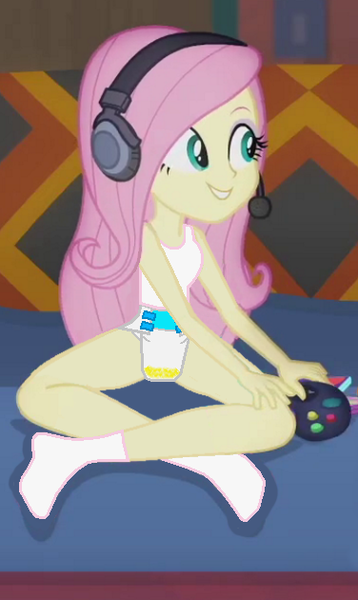 Size: 376x630 | Tagged: questionable, artist:wolf, derpibooru import, edit, edited edit, edited screencap, screencap, fluttershy, equestria girls, equestria girls series, game stream, spoiler:eqg series (season 2), clothes, controller, diaper, diaper edit, diaper fetish, female, fetish, gamershy, headphones, image, non-baby in diaper, png, sitting, socks, tanktop, urine, video game, wet diaper