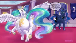 Size: 1920x1080 | Tagged: safe, artist:roundcorgi, derpibooru import, princess celestia, princess luna, alicorn, pony, angry, belly, big belly, butt, canterlot castle, celestia is not amused, chubbylestia, crown, dialogue, ethereal mane, ethereal tail, fat, female, hoof shoes, image, indoors, jewelry, jiggle, jpeg, large butt, mare, rear view, regalia, royal sisters, siblings, signature, sisters, starry mane, stomach noise, sunbutt, teasing, the ass was fat, unamused, underhoof, walking, weight gain