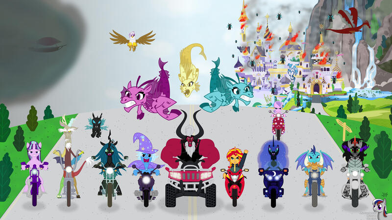 Size: 3265x1837 | Tagged: safe, artist:intelmax89, derpibooru import, adagio dazzle, aria blaze, diamond tiara, discord, gilda, king sombra, lord tirek, nightmare moon, princess ember, queen chrysalis, sonata dusk, starlight glimmer, sunset shimmer, thorax, trixie, alicorn, centaur, changeling, draconequus, dragon, earth pony, gryphon, minotaur, pegasus, pony, siren, unicorn, airship, arson, atv, bad end, burning, canterlot, clothes, cool guys don't look at explosions, fire, image, implied storm king, implied tempest shadow, jacket, jpeg, leather jacket, motorcycle, s5 starlight, sons of anarchy, the dazzlings