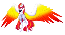 Size: 9969x5505 | Tagged: safe, alternate version, artist:scarlet-spectrum, derpibooru import, oc, oc:diamond sun, anthro, pegasus, pony, unguligrade anthro, alternate design, alternate hairstyle, amazon, belly button, big breasts, breasts, clothes, colored wings, commission, female, image, large wings, long mane, long tail, mare, midriff, multicolored wings, pants, png, simple background, solo, spread wings, tanktop, transparent background, wings