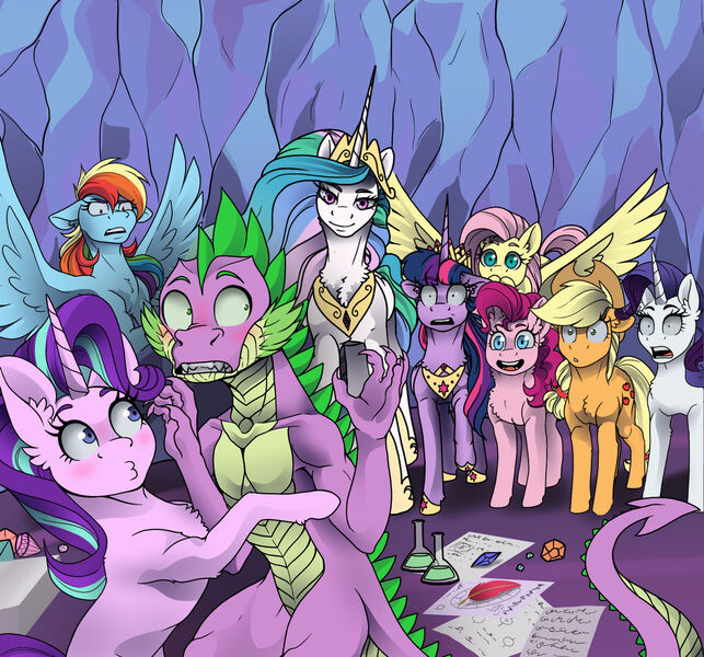 Size: 1600x1492 | Tagged: safe, artist:tillie-tmb, derpibooru import, applejack, fluttershy, pinkie pie, princess celestia, rainbow dash, rarity, spike, starlight glimmer, twilight sparkle, twilight sparkle (alicorn), alicorn, dragon, earth pony, pegasus, pony, unicorn, caught, female, image, jpeg, male, mane seven, mane six, older, older spike, shipping, sparlight, spread wings, straight, varying degrees of want, wingboner, wings