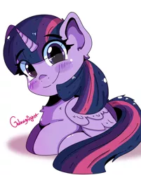 Size: 1542x1920 | Tagged: safe, artist:galaxynightt, derpibooru import, twilight sparkle, twilight sparkle (alicorn), alicorn, pony, chest fluff, cute, ear fluff, eye clipping through hair, female, image, jpeg, looking at you, lying down, mare, prone, simple background, smiling, solo, twiabetes, white background