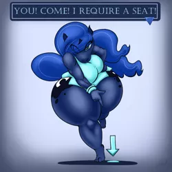 Size: 1000x1000 | Tagged: suggestive, artist:tracerpainter, derpibooru import, princess luna, alicorn, anthro, breasts, butt, demanding, hyper, image, implied facesitting, moonbutt, png, pointing, solo, thighs, thunder thighs, wide hips