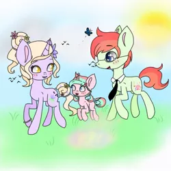 Size: 640x640 | Tagged: safe, artist:cinnavee, derpibooru import, oc, unofficial characters only, pony, unicorn, colt, female, flower, flower in hair, glasses, horn, image, jpeg, male, mare, necktie, outdoors, stallion, sun, unicorn oc