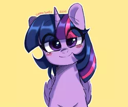 Size: 1200x1000 | Tagged: safe, artist:cottonsweets, derpibooru import, twilight sparkle, twilight sparkle (alicorn), alicorn, pony, blushing, bust, chest fluff, cute, eye clipping through hair, female, image, jpeg, looking at you, mare, simple background, smiling, solo, twiabetes, yellow background