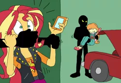 Size: 1444x995 | Tagged: safe, artist:bugssonicx, derpibooru import, megan williams, sunset shimmer, equestria girls, arm behind back, bondage, bound and gagged, eyes closed, gag, image, kidnapped, mobile phone, phone, png, restrained, silhouette, tape, tape gag, tied up, trunk, wide eyes