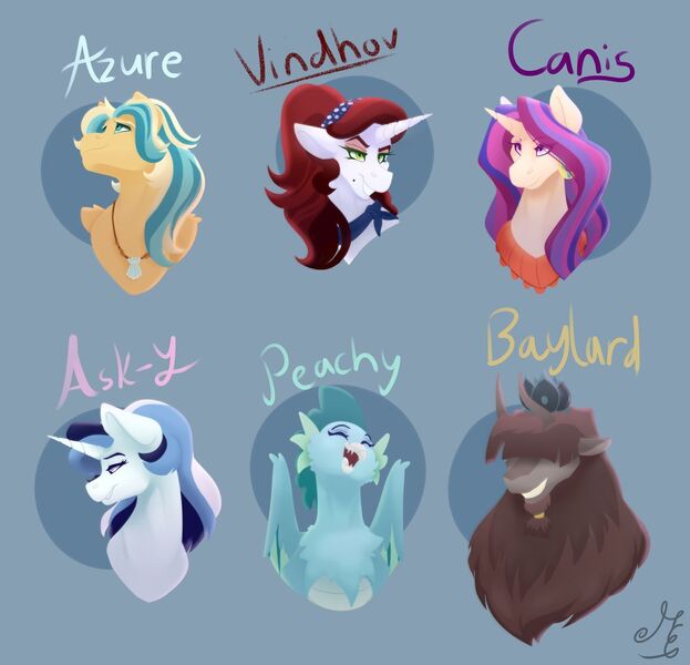 Size: 1280x1232 | Tagged: safe, artist:cyanreef, derpibooru import, oc, oc:aloo pie, oc:blue bonnet, oc:jackie, oc:scarlet heart, oc:skychaser, unnamed oc, unofficial characters only, hybrid, original species, pegasus, pony, unicorn, yakony, blue background, bust, female, gift art, hair over one eye, image, interspecies offspring, jpeg, male, mare, offspring, parent:donut joe, parent:dumbbell, parent:fancypants, parent:gabby, parent:hoo'far, parent:pinkie pie, parent:prince rutherford, parent:rainbow dash, parent:rarity, parent:saffron masala, parent:spike, parents:dumbdash, parents:pinkieford, parents:rarijoe, parents:raripants, parents:saf'far, parents:spabby, simple background, stallion