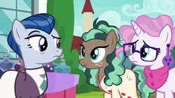 Size: 1920x1080 | Tagged: safe, derpibooru import, screencap, ever essence, minty mocha, raspberry latte, earth pony, pony, the parent map, female, glasses, image, looking at each other, mare, png, sire's hollow