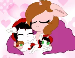 Size: 800x610 | Tagged: safe, anonymous artist, derpibooru import, oc, oc:lanaia, oc:listfia, unofficial characters only, pony, unicorn, blanket, female, filly, floppy ears, heart, heterochromia, horn, image, plushie, png, siblings, sisters, sleeping, sleeping together, smiling, stitches, twins, two toned mane, two toned tail