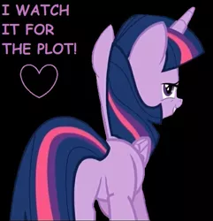 Size: 562x583 | Tagged: suggestive, artist:twilyisbestpone, derpibooru import, twilight sparkle, twilight sparkle (alicorn), alicorn, pony, the one where pinkie pie knows, bedroom eyes, black background, butt, caption, comic sans, derpibooru exclusive, featureless crotch, female, heart, i watch it for the plot, image, jpeg, looking at you, looking back, looking back at you, mare, plot, seductive, seductive look, sexy, simple background, smiling, solo, solo female, stupid sexy twilight, twibutt