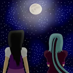 Size: 600x600 | Tagged: safe, artist:thesleeplessbeholder, derpibooru import, octavia melody, sonata dusk, human, game:to the moon, equestria girls, crossover, female, humanized, image, jpeg, lesbian, moon, night, romantic, shipping, sontavia, stars