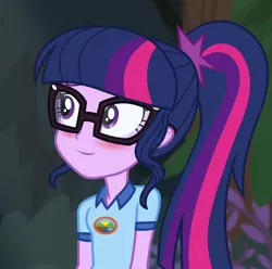 Size: 864x858 | Tagged: safe, derpibooru import, edit, edited screencap, editor:mycarhasamoustache, screencap, sci-twi, twilight sparkle, equestria girls, legend of everfree, blushing, camp everfree outfits, cropped, female, image, png, smile edit, solo