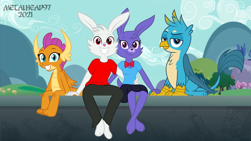 Size: 8000x4500 | Tagged: safe, artist:metalhead97, derpibooru import, gallus, smolder, oc, oc:bonnie, oc:endymion, anthro, dragon, gryphon, rabbit, animal, anthro oc, bonnie, bowtie, canon x oc, clothes, commission, crossed legs, dragoness, female, furry, group, group photo, holding hands, husband and wife, image, implied shipping, lidded eyes, looking at you, male, oc x oc, pants, png, shipping, show accurate, sitting, skirt, smiling, smiling at you, tail, valley, wife