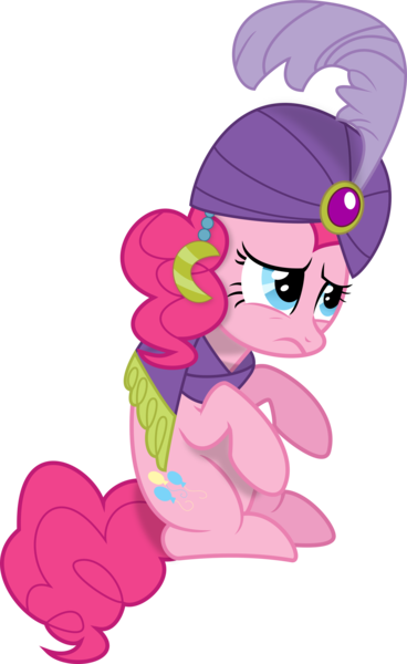 Size: 1919x3125 | Tagged: safe, artist:lightningtumble, derpibooru import, pinkie pie, earth pony, genie, pony, it's about time, clothes, female, image, madame pinkie, mare, png, sad, scarf, simple background, solo, transparent background, turban, vector