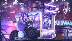 Size: 3840x2160 | Tagged: safe, artist:calveen, derpibooru import, starlight glimmer, trixie, cyborg, pony, 3d, alternate hairstyle, babysitter trixie, badass, building, cannon, car, clothes, cyberpunk, driving, dumpster, fence, flag, happy birthday mlp:fim, helicopter, high res, hoodie, hoof hold, image, jpeg, neon, p90, police, source filmmaker, trixie's wagon, weapon