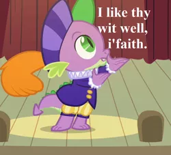 Size: 792x720 | Tagged: safe, derpibooru import, edit, edited screencap, screencap, spike, hearth's warming eve (episode), clothes, costume, cropped, hamlet, hat, image, png, reaction image, ruff (clothing), shakespeare, speech, talking